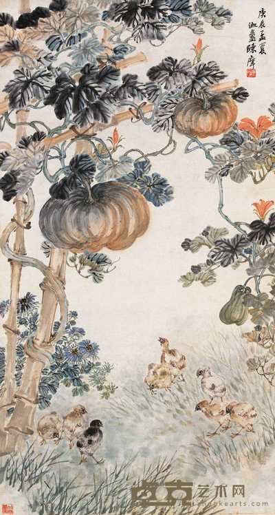 陈摩 1940年作 番瓜雏鸡 立轴 143×76.5cm